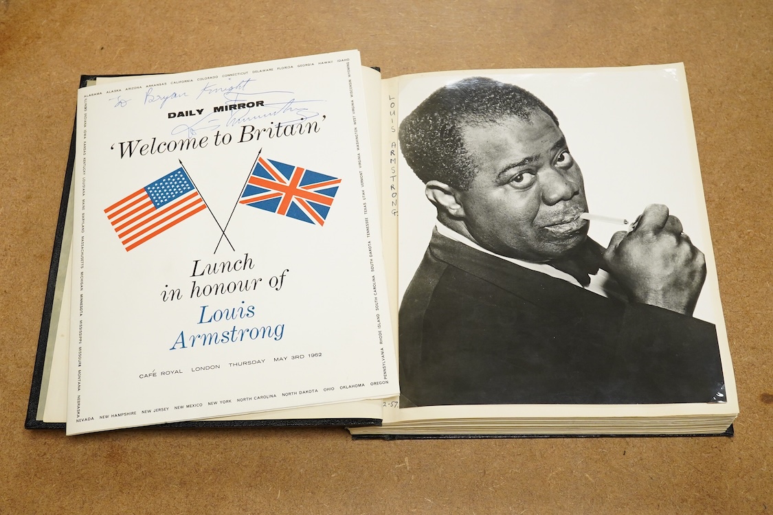 An album containing a wide selection of autographed publicity photographs of jazz and blues artists, including; Louis Armstrong, Chet Baker, Louis Bellson, Dave Brubeck, June Christy, Nat King Cole, Paul Desmond, Duke El